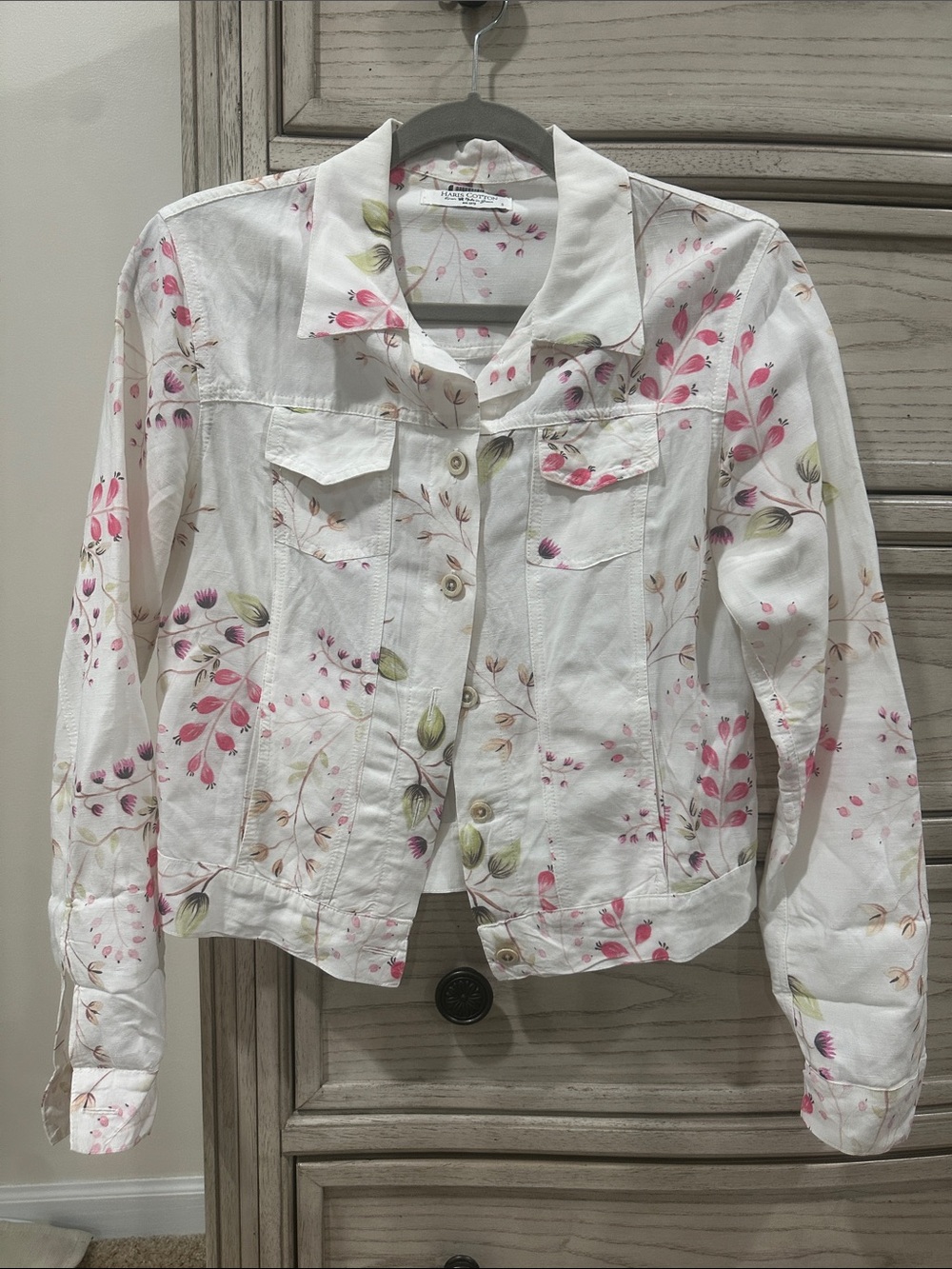 Vintage Women’s Floral White Jean Jacket with Pink Accents